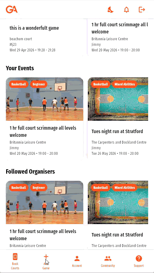GameOn Active app showing game details, player spots, and updates